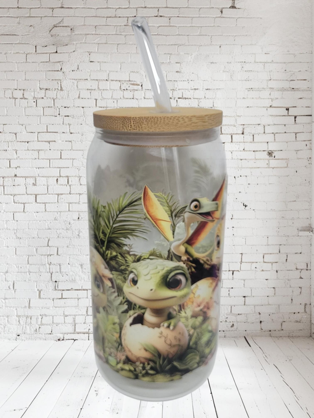 Gourde avec paille en verre dinosaures 