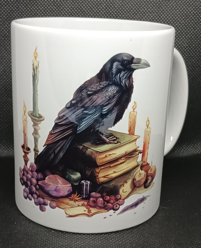 Custom Printed Raven On Books Mug.