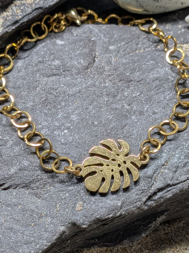 Gold Tone Plated Stainless Steel Clasp Bracelet With Palm Leaf Charm