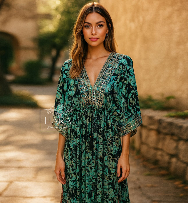 Maxi Tunika Abendkleid türkisgrün schwarz Onesize