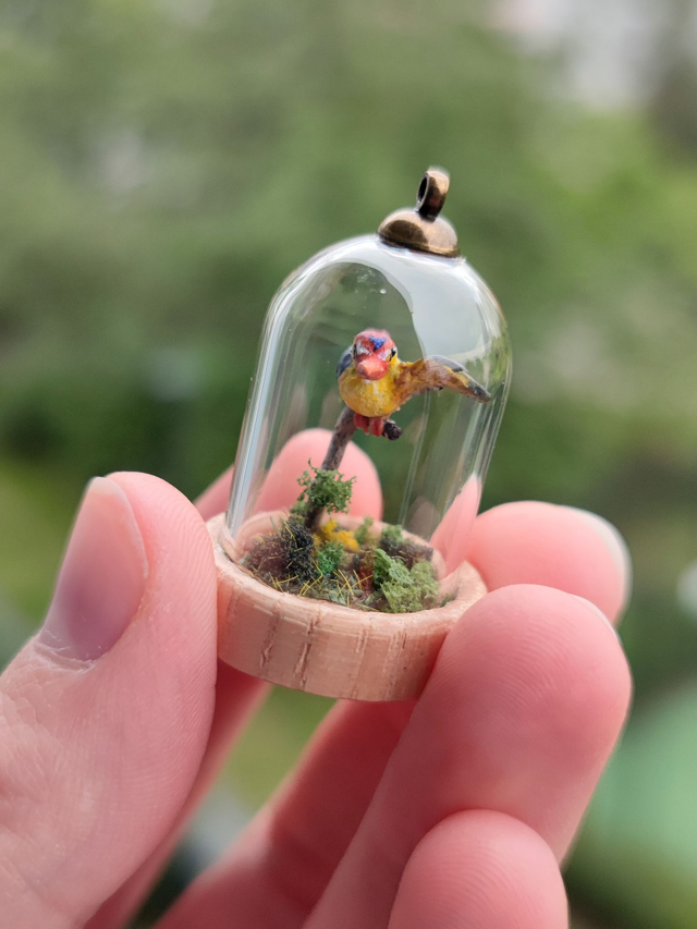 Oriental dwarf kingfisher - one of a kind miniature diorama jewelry