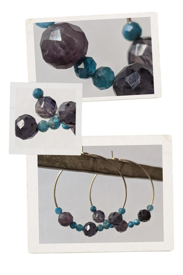 Créoles apatite et améthyste ( pierres naturelles) acier inoxydable doré -sans nickel, pièce unique 