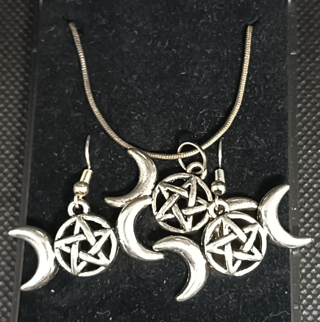 Tibetan Silver Triple Moon Goddess Earrings and Necklace Set.