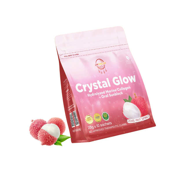 Crystal Glow Hydrolyzed Marine Collagen Mix with Glutathione &amp; Lychee Extract, 10 Sachets