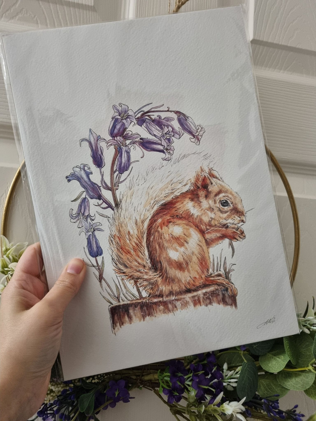 CLEARANCE - Old Paper Stock (textured) - "Bluebells &amp; Red Squirrel" - A4 size