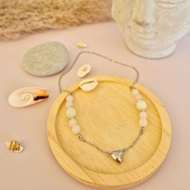 Collier CŒUR NOMADE – Quartz Rose du Brésil &amp; Pierre de Lune beige d’Inde