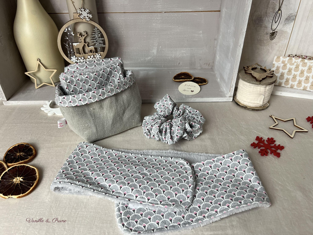 Pack beauté bandeau, Lingettes lavables, panier assorti et Chouchou éventails gris