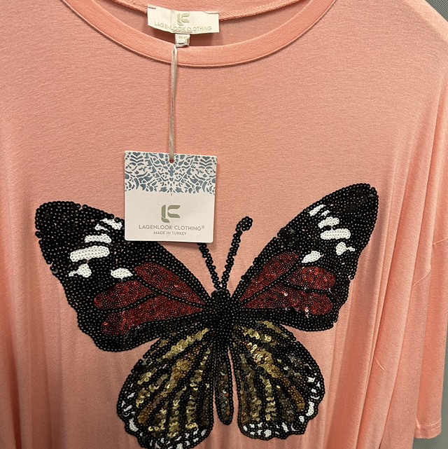 Lagenlook - Light Orange Basic T-Shirt with Sequin Butterfly Motif - Free Size - 1923