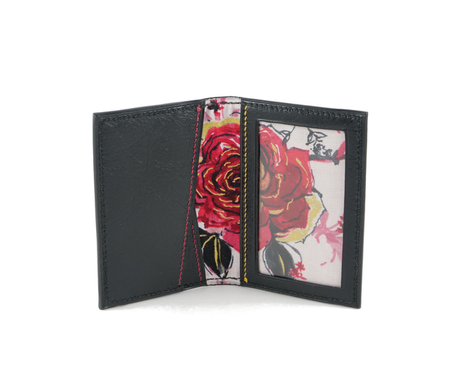 Porte-Cartes MADO Noir Brillant avec doublure tissu motif Rose V2