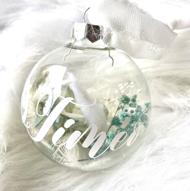 Boule de Noël personnalisée Fleurs séchées (tons bleu et blanc) 