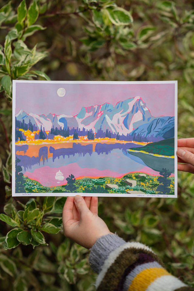 365th painting – blue mountain and moon reflection