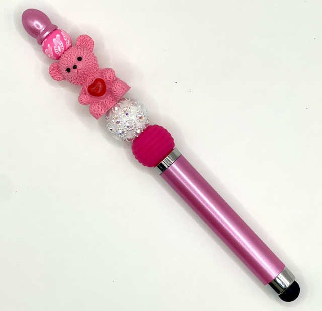 S77 - Stylo à perles ours cœur fushia 