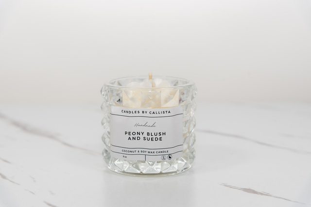 Luxury Crystal Glass Candle | Peony Blush & Suede – 8oz