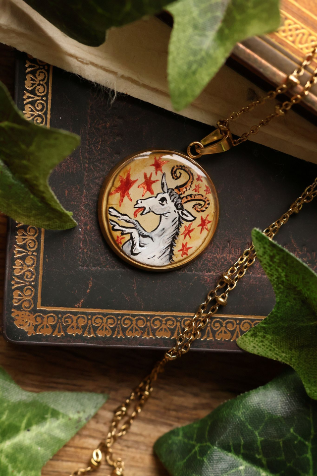 Collier astrologique Bélier– Médaillon médiéval peint à la main - acier inoxydable doré  