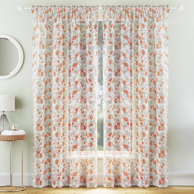 Mia Burnt Orange Floral Print Patterned Sheer Voile Panels 