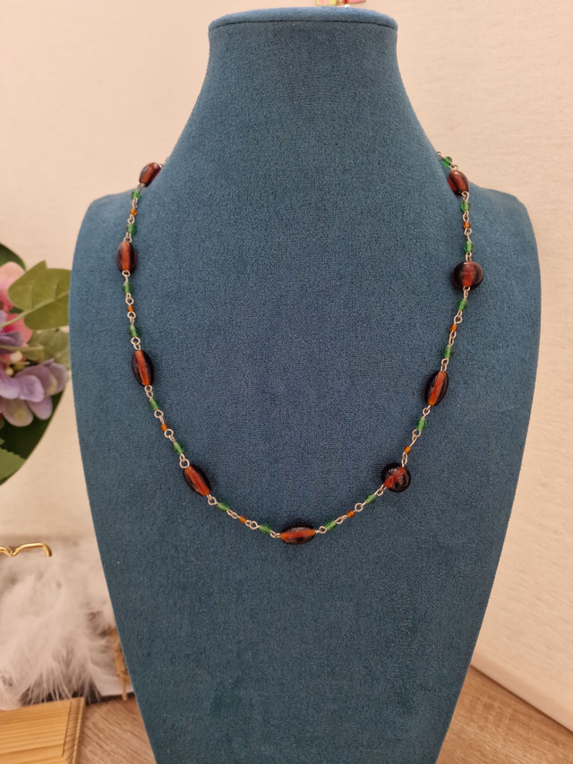Collier Argenté Marron Vert