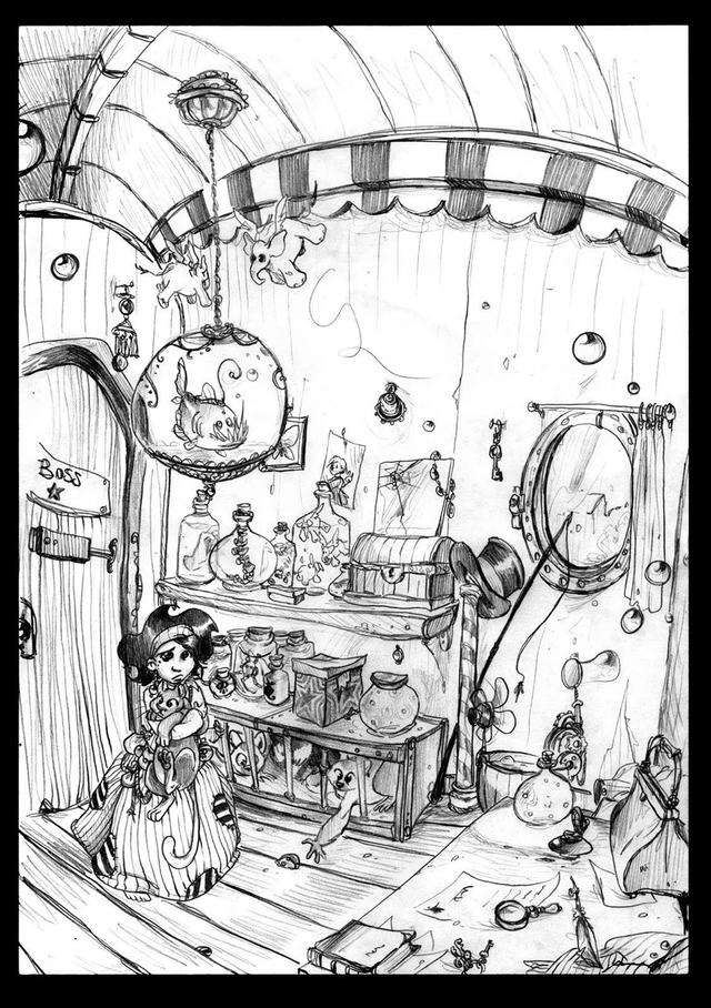 personnages et décor - noir et blanc - commande d&#039;illustration numérique