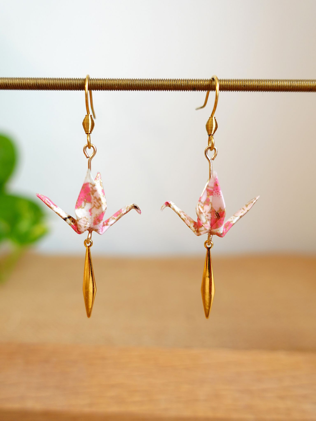 INOX doré / Origami grues, oiseaux / Papier japonais washi / Rose, Blanc, or/ Boucles d'oreilles origami /