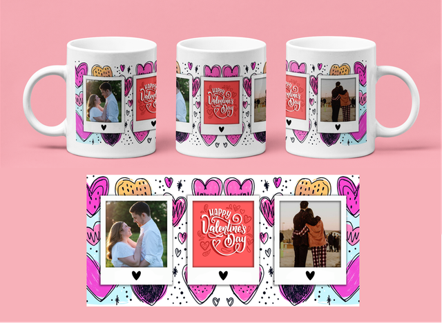 Valentines Day Mug - Personalised - Pink hearts - 3 photos 