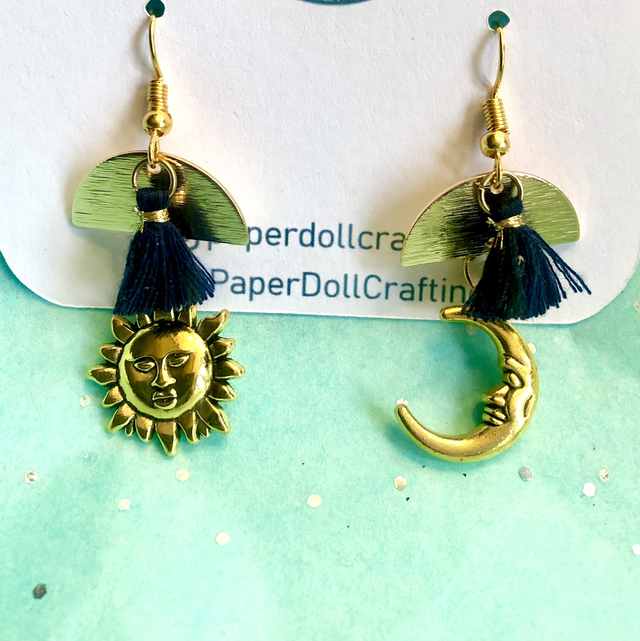 Sun and Moon Mismatched Dangle Earrings with Tassel
