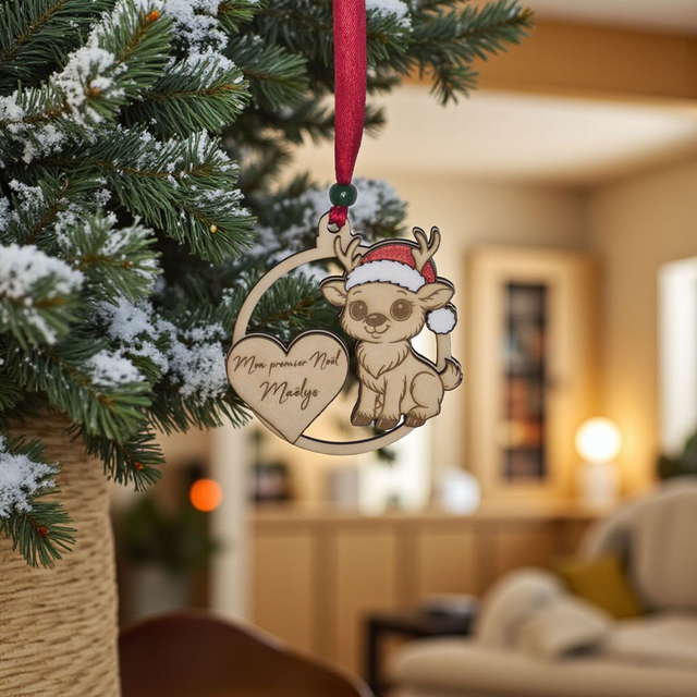 Boule de Noël en bois personnalisée - premier Noël, cadeau de naissance avec prénom, déco Renne