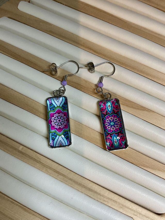 Handmade cabochon earrings. Beautiful asymmetrical mandala design.