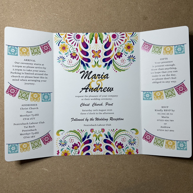 Maria - bright colourful florals and bunting - festival fiesta - Gatefold Wedding invitation