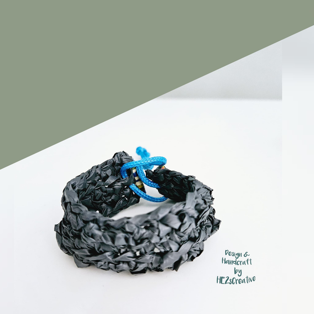 Modern Grey Recycled Crochet Plastic Bracelet with Blue Crossover Style Adjustable