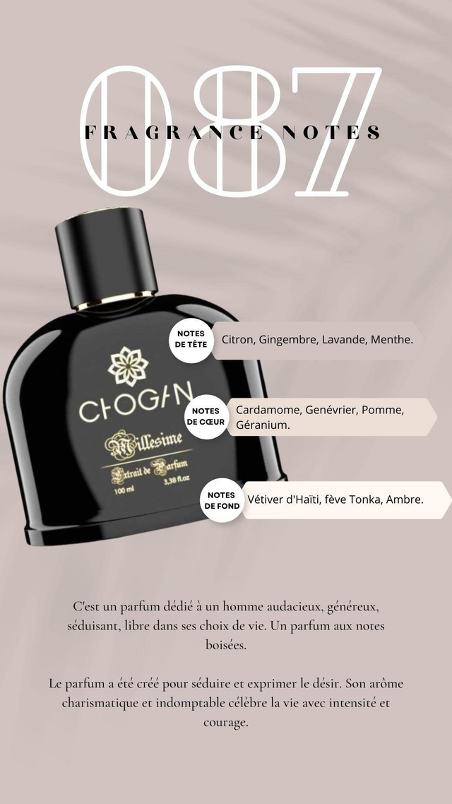N° 087 Parfum Homme dédié à l'homme audacieux, généreux, séducteur, libre dans ses choix de vie 35 ml 