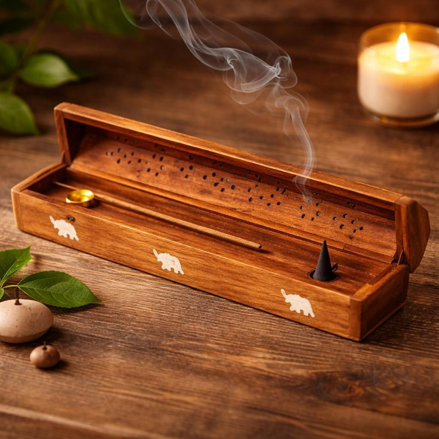 "Éléphants" - Boîte pour tiges et cônes d'encens - Bois