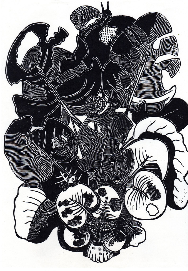 linogravure grande plante à escargots, format A3