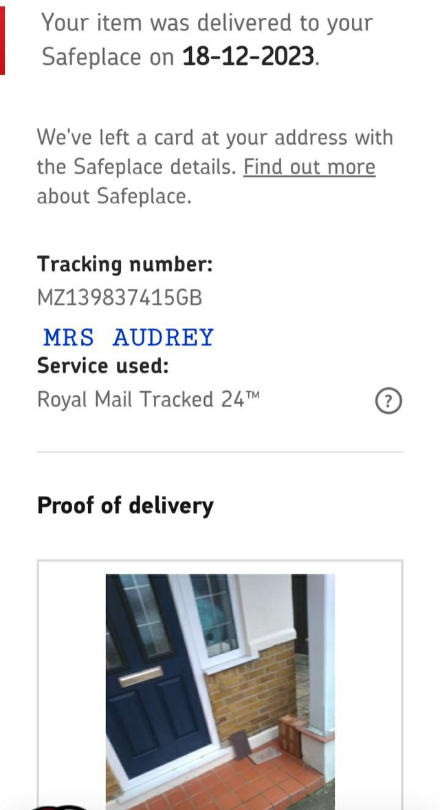 From Customer: Proof of Delivery MRS AUDREY ( Surrey England- December 2023)