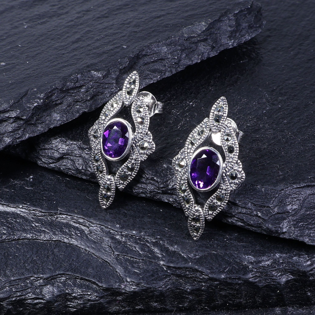 Art Deco Style Sterling Silver 925 Oval Cut 1ct Rich Deep Purple Amethyst Marcasite Gemstone February Birthstone Diamond Shape Design Stud Earrings