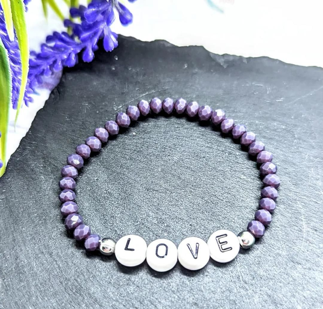 Purple Ceramic Beaded &quot;Love&quot; Children&#039;s Stretch Bracelet 