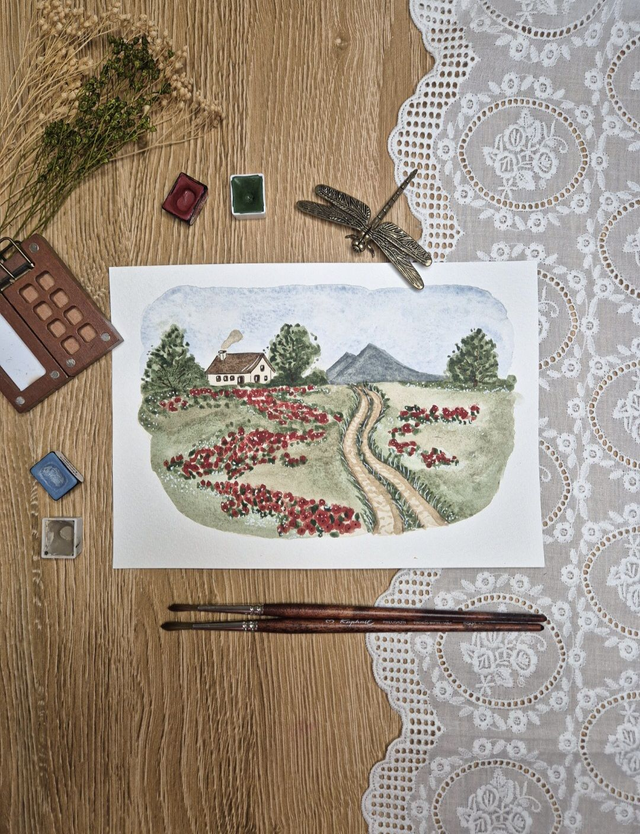 La vallée aux coquelicots - Aquarelle originale
