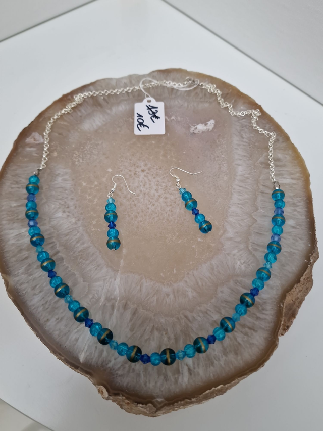 Parure Bijoux Collier Boucles D'oreilles Bleu Doré Argenté