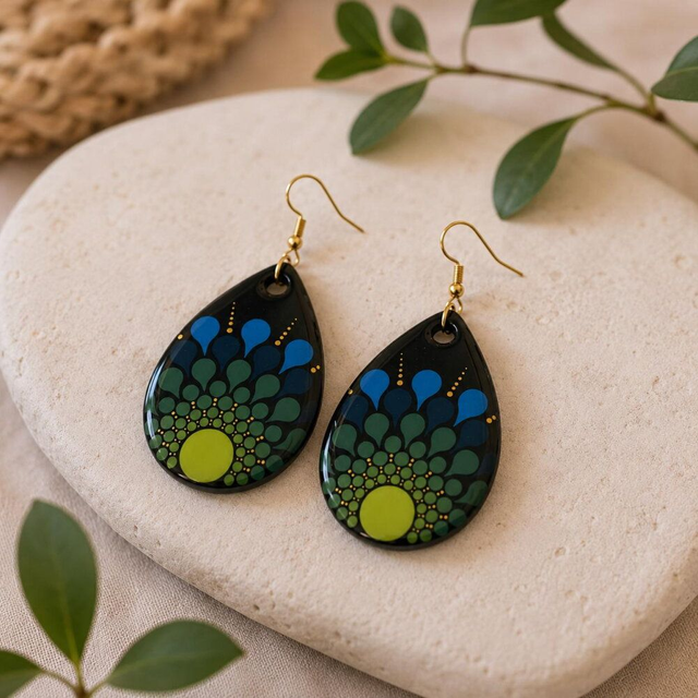 Boucles d’oreilles goutte en bois – Dégradé vert &amp; bleu peint à la main