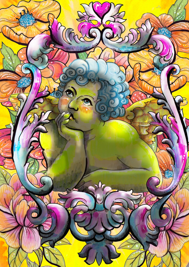 Cherub Dreaming - A3 Rococo inspired art Print with Metallic Gold Background