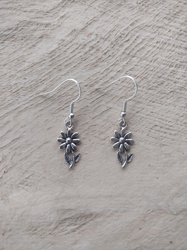 Tibetan Silver Drop Dangle Charm Earrings Flower, Hypoallergenic 