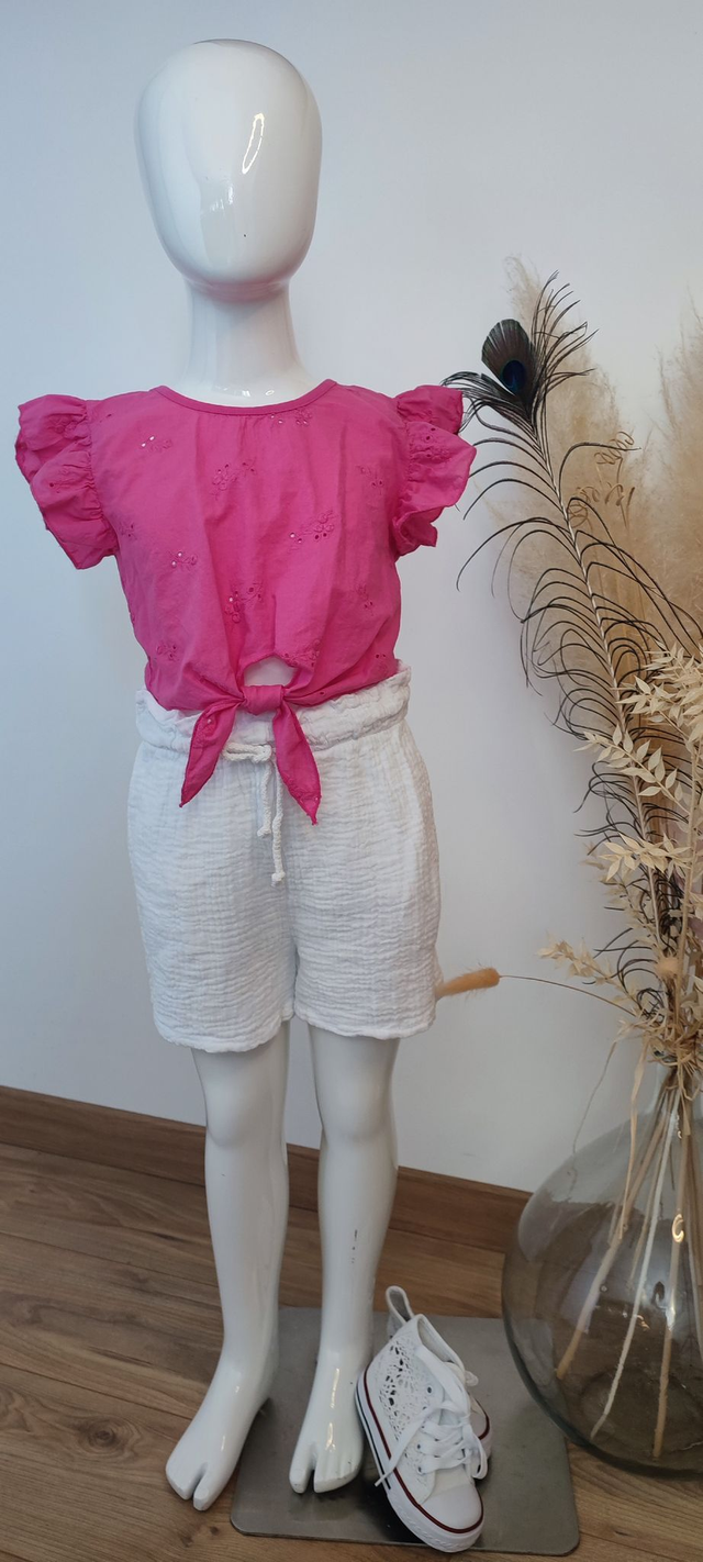 Top court fuchsia en coton et broderie anglaise