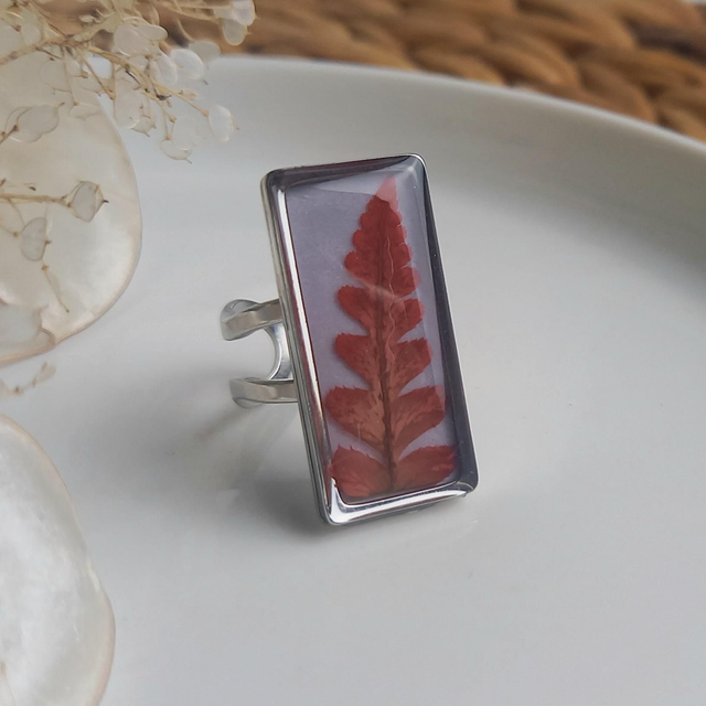 Bague argentée rectangulaire ⁃ Fougère flamboyante
