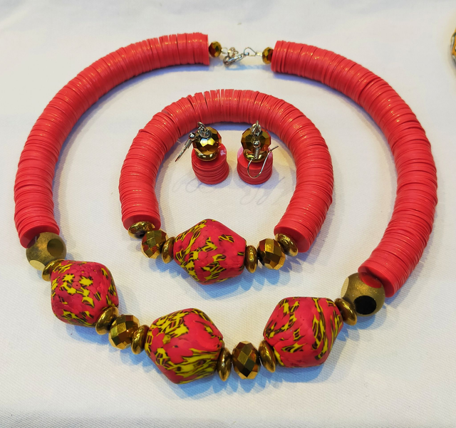 African print necklace, bracelet and earrings set (red)