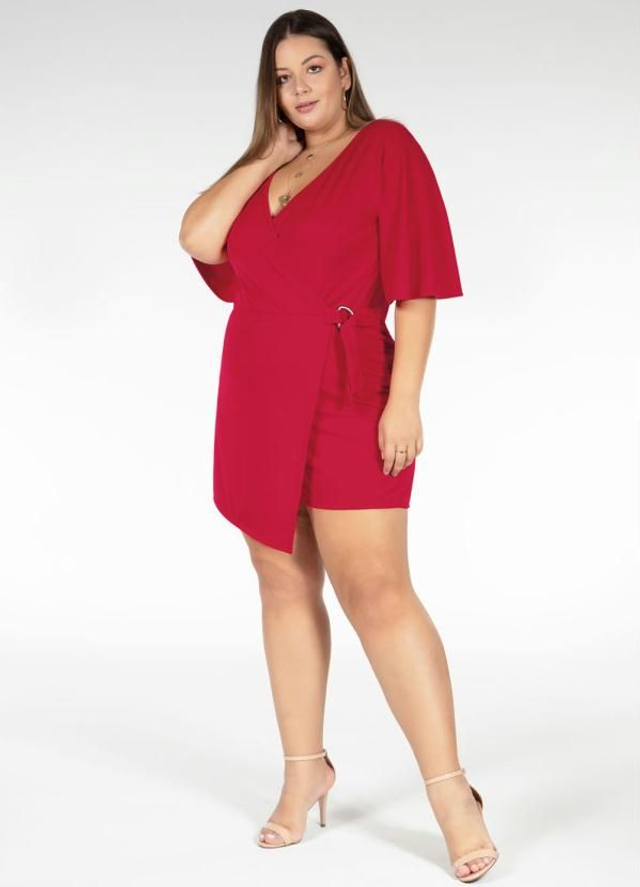 Macaquinho Short Saia Com Mangas 3/4 Cor Lisa Plus Size Cor Vermelho | Marguerite