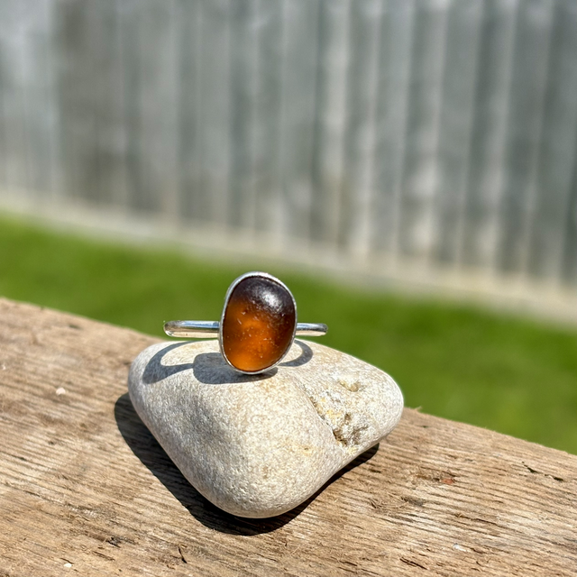 Amber Seaglass & Recycled Silver Ring Size Q