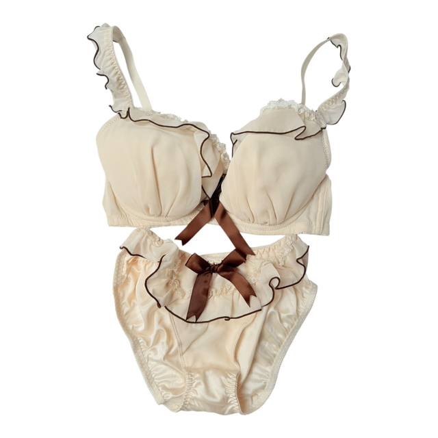 Cream and brown bow tulle Japanese Bra + Underwear Set UK 32D