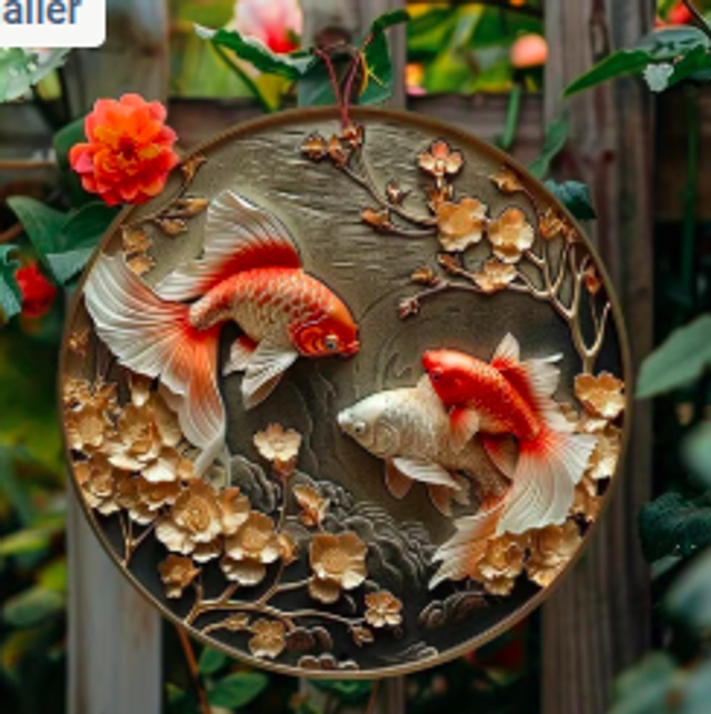 Wanddecoratie metalen bord Goudvissen (20cm diameter)