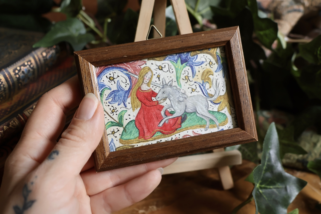 Aquarelle médiévale - Dame à la licorne – Tableau miniature inspiré des enluminures