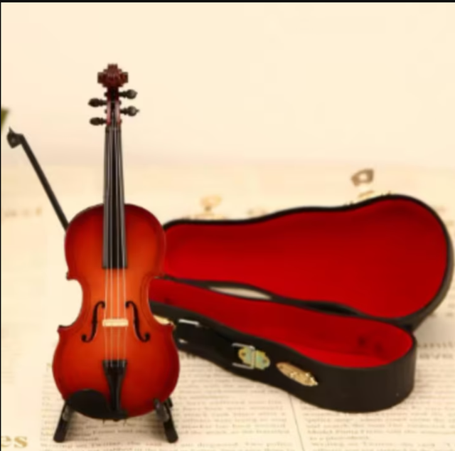 Decoratief viool beeldje met koffer en standaard (25cm) Nieuw. 