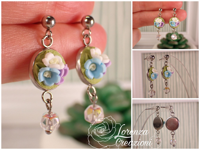 Orecchini pendenti floreali con trio di fiori e piccola perlina, bianco, azzurro e lilla