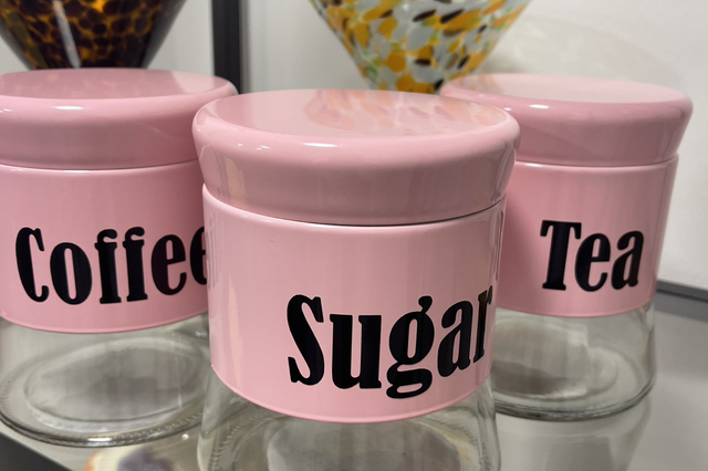 Set of 3 pink steel wrap tea coffee sugar canister 